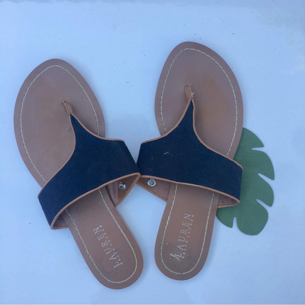 RALPH LAUREN NATURAL FLAT SUMMER WOMEN SANDALS SIZE 8B NAVY BLUE SURFACE